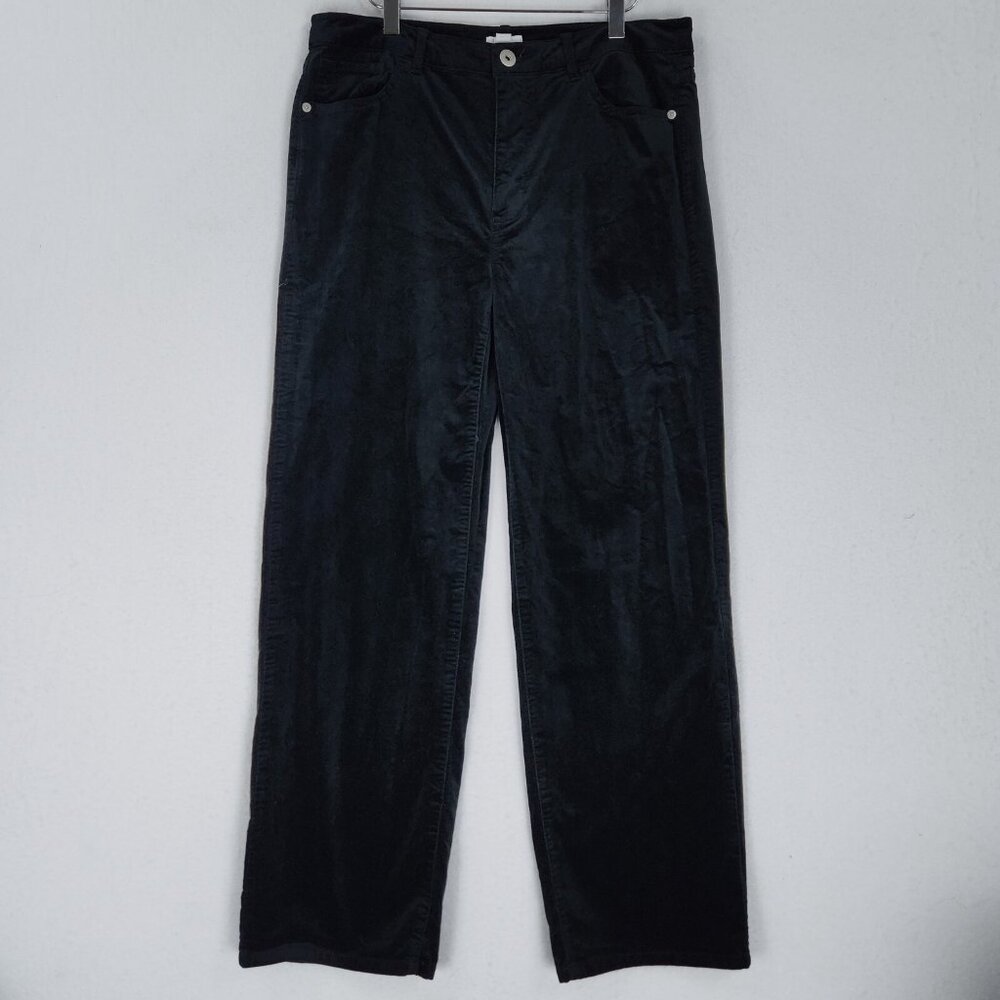 J Jill Pants Womens 12 Black Velour Wide Leg High Rise Flat Front Stretch Casual